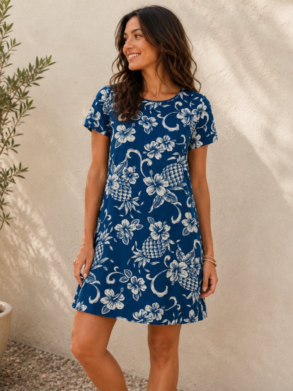Island Vintage Hawaiian Pineapple Floral Cotton Shift Dress Blue Size Small Trop